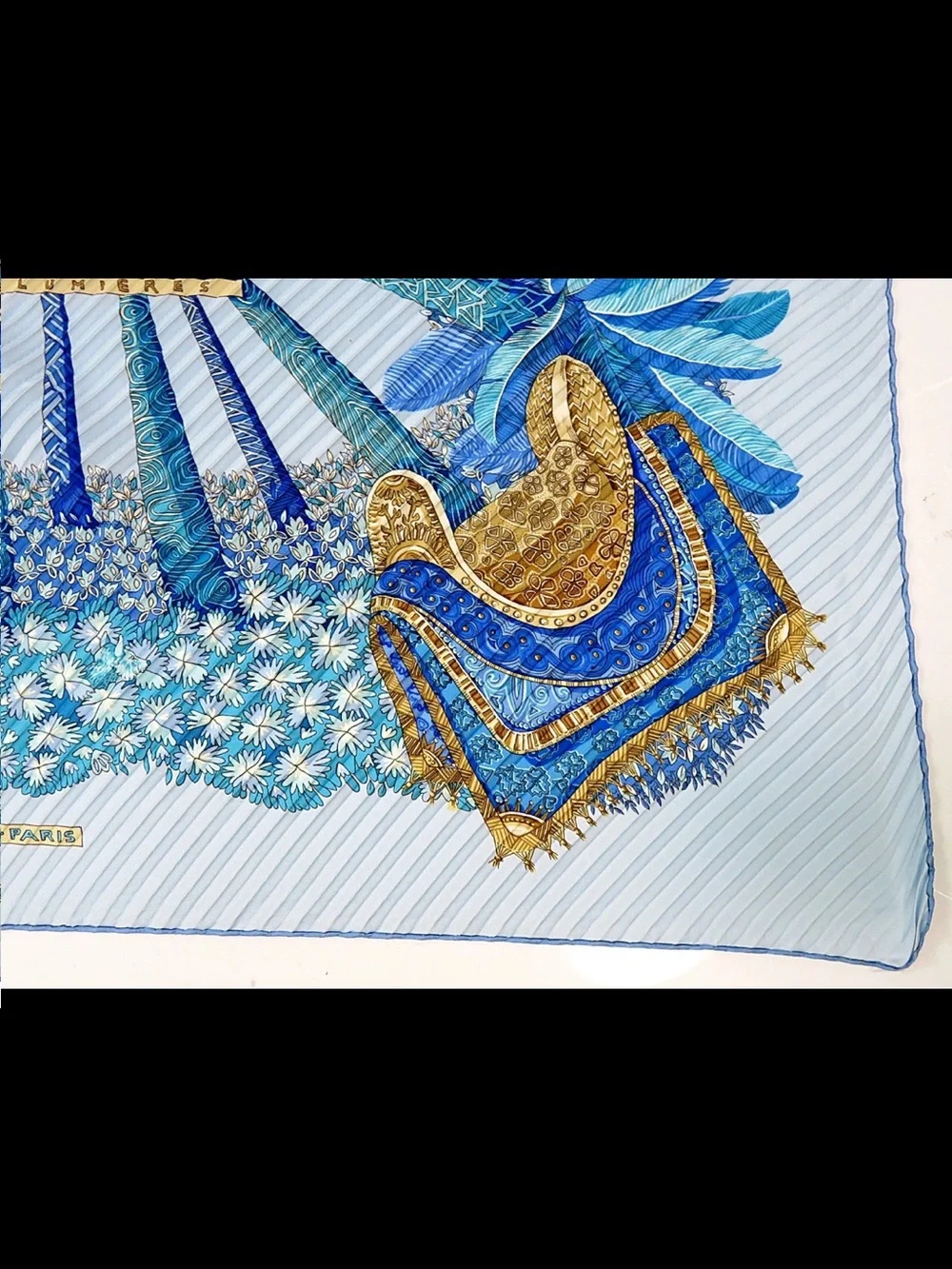 Hermes Light Blue & Gold Pleated Silk Scarf